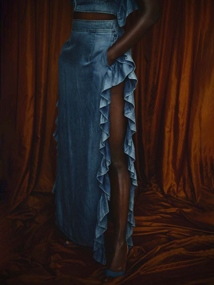 Denim Ruffled Off Shoulder Two Pieces Dress