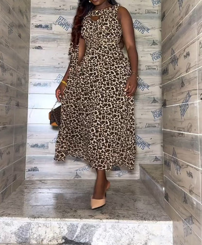 Elegant Leopard  Sleeveless Tie Dress