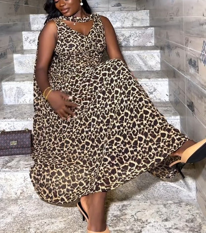 Elegant Leopard  Sleeveless Tie Dress