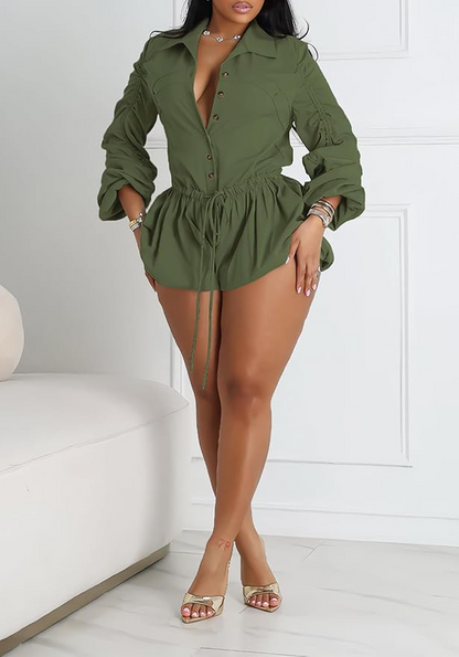 V Neck Drawstring Bubble Short  Jumpsuit