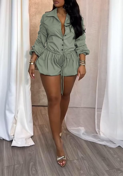 V Neck Drawstring Bubble Short  Jumpsuit