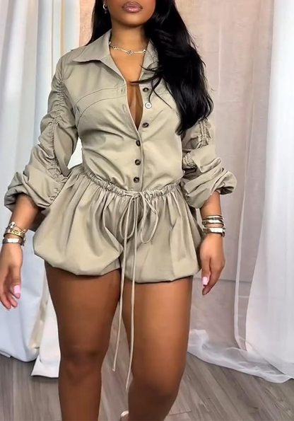 V Neck Drawstring Bubble Short  Jumpsuit