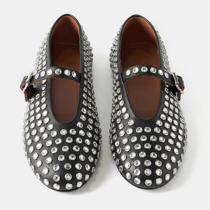 Rhinestone Strap Buckle Round Toe Flats