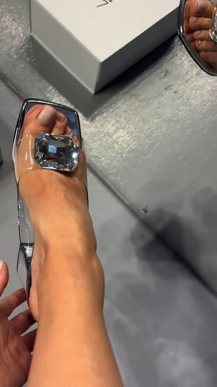 Rhinestone Sparkle Thick Heel Transparent High Heel Slippers