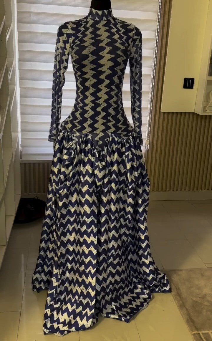 Elegant White and Blue Mesh Dress