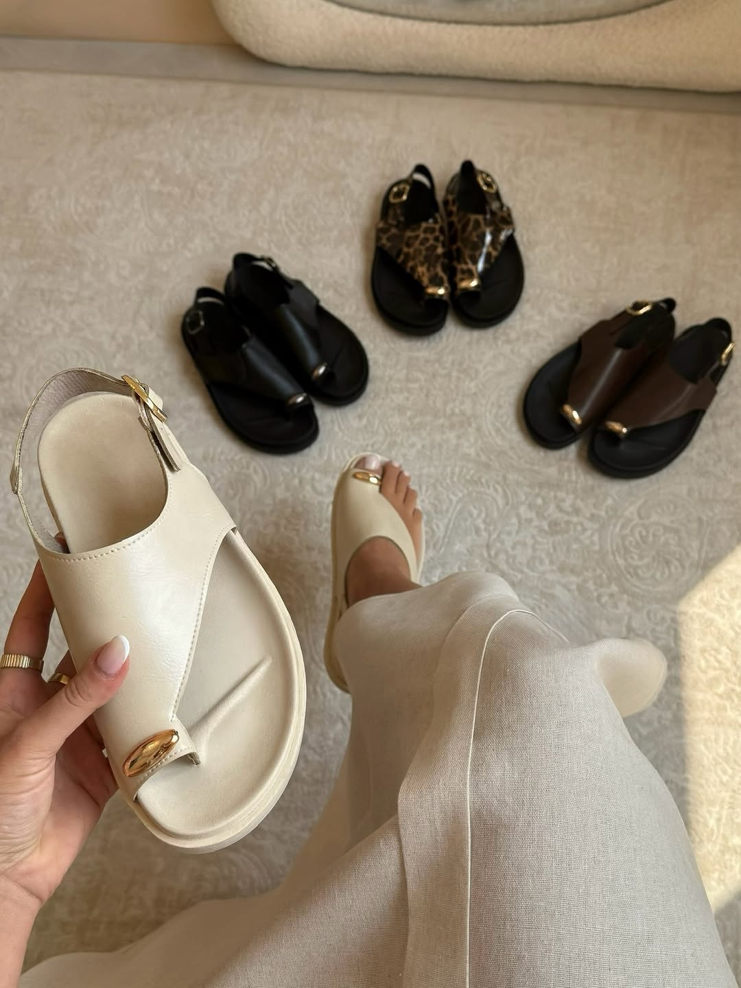 Leather Metal Ring Trim Flat Sandle