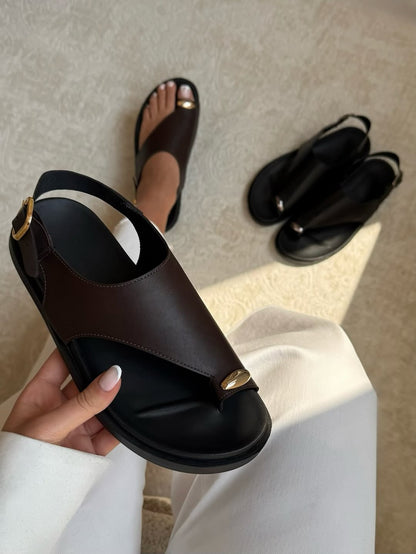 Leather Metal Ring Trim Flat Sandle