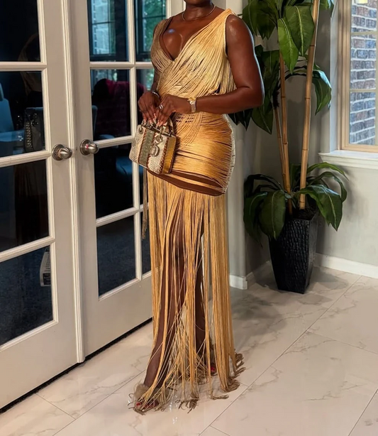 Metallic Backless Fringe Dress