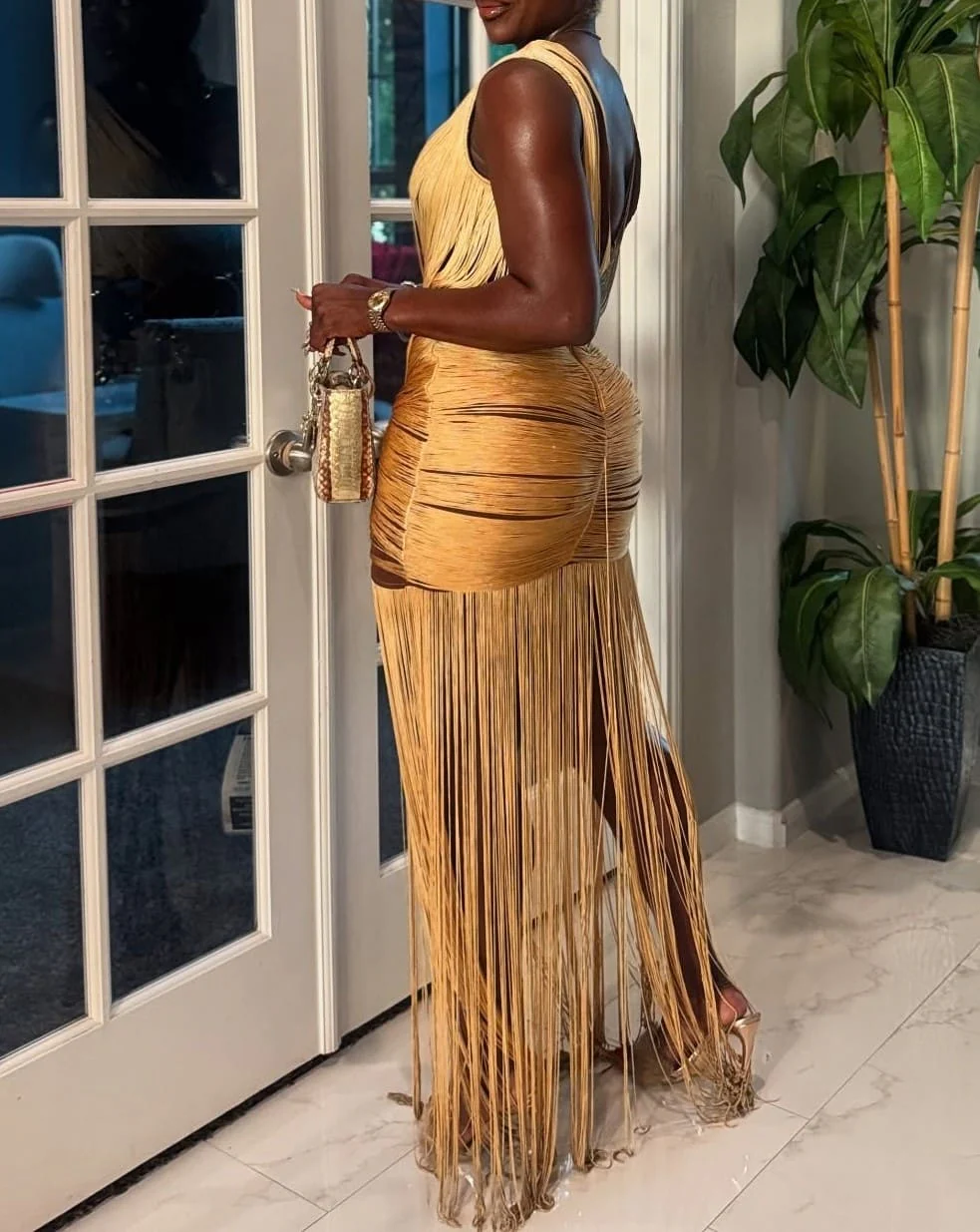 Metallic Backless Fringe Dress