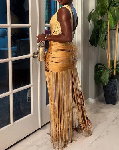 Metallic Backless Fringe Dress