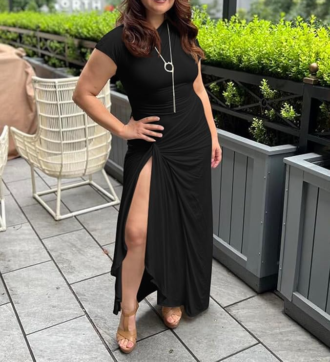 Boat Neck Ruched High Split Dress