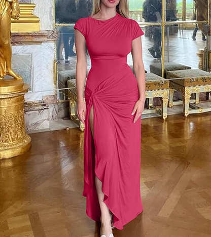 Boat Neck Ruched High Split Dress