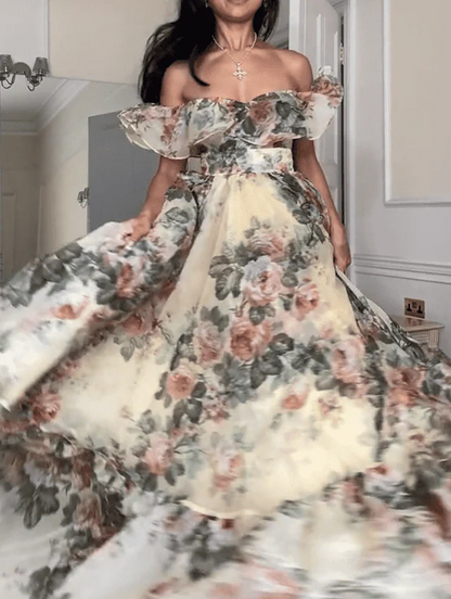 Tulle Floral Off Shoulder Ruffle Maxi Dress
