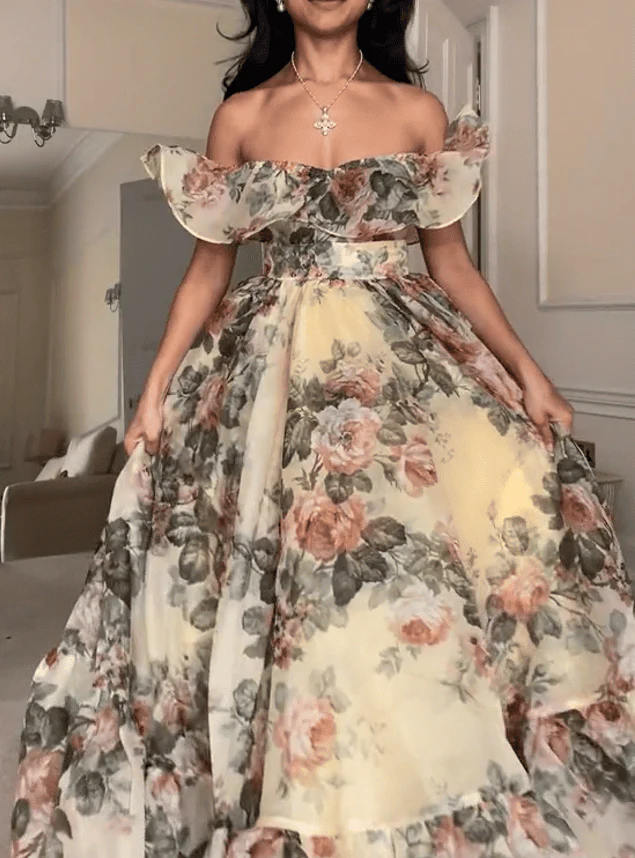 Tulle Floral Off Shoulder Ruffle Maxi Dress