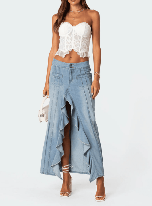 Ruffle Slit Front Denim Maxi Skirt