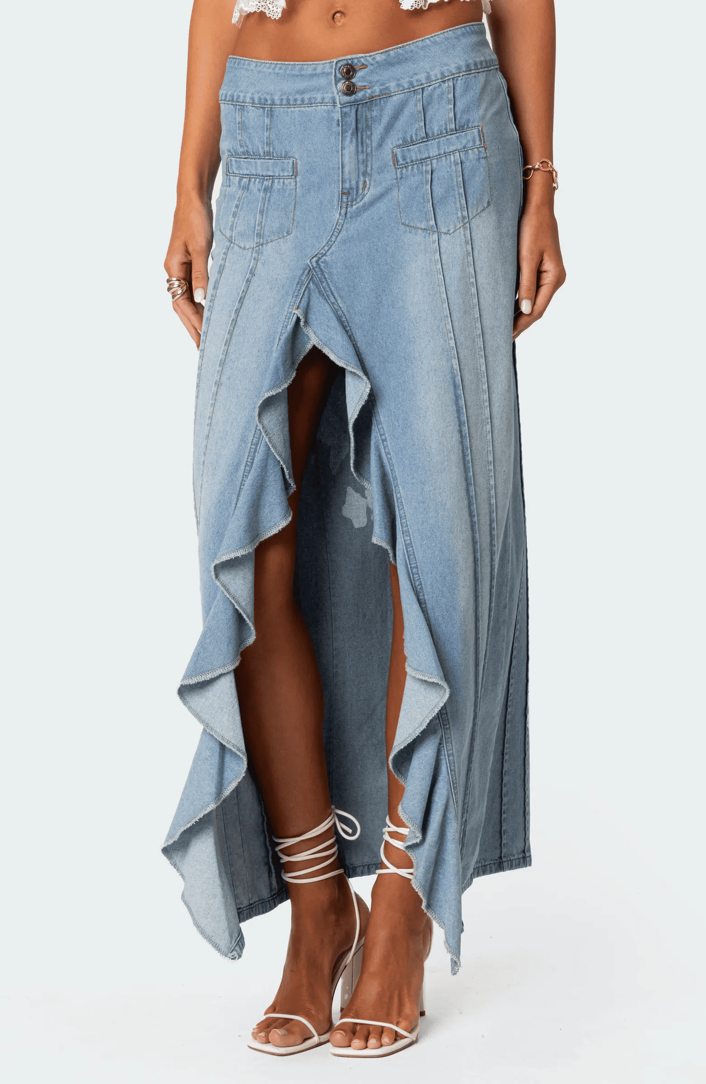Ruffle Slit Front Denim Maxi Skirt