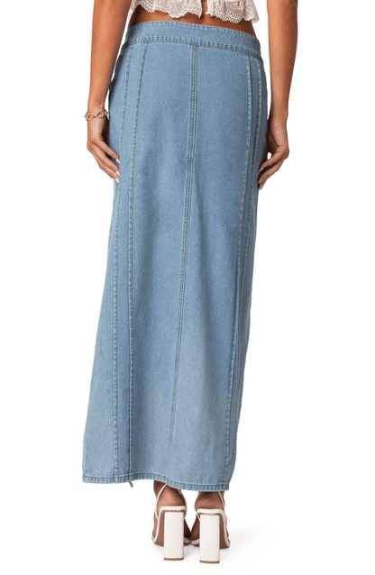 Ruffle Slit Front Denim Maxi Skirt