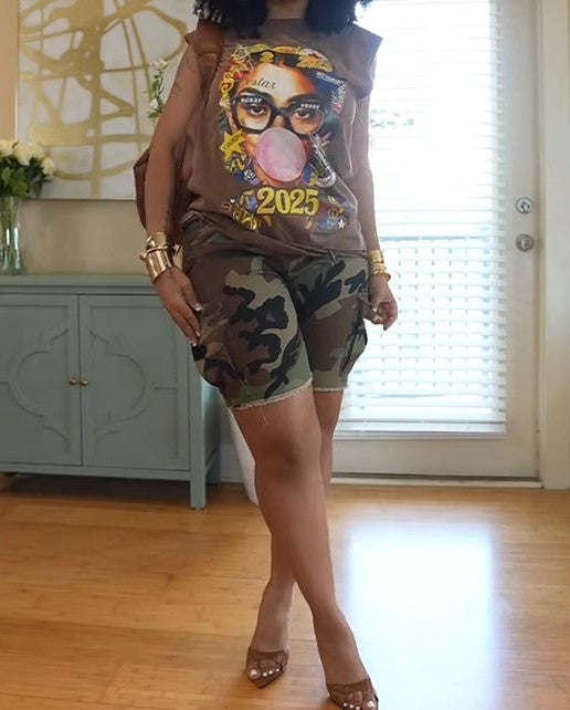 Camo Shorts + cartoon graphic tank