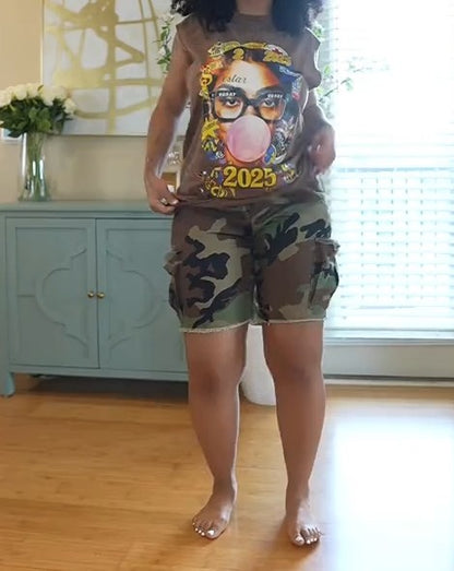 Camo Shorts + cartoon graphic tank