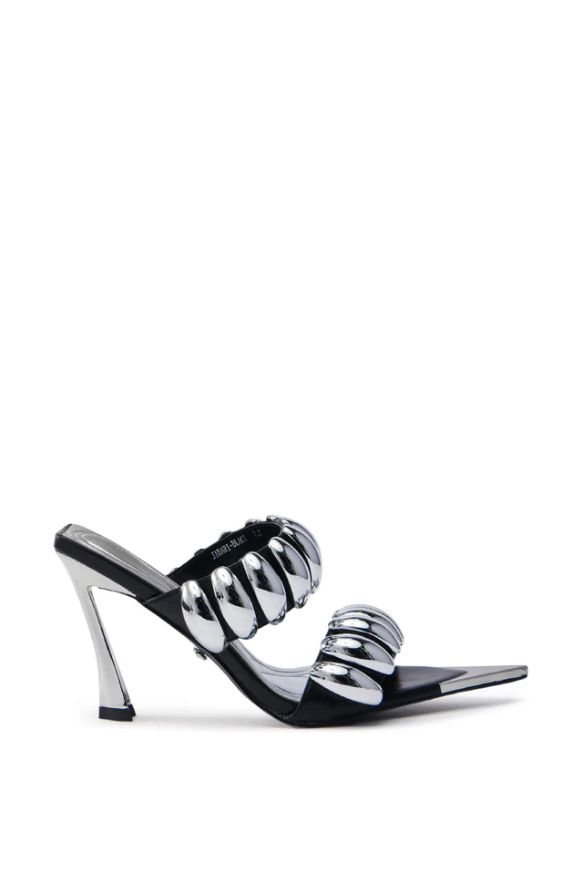 Black stiletto sandals with silver metallic details