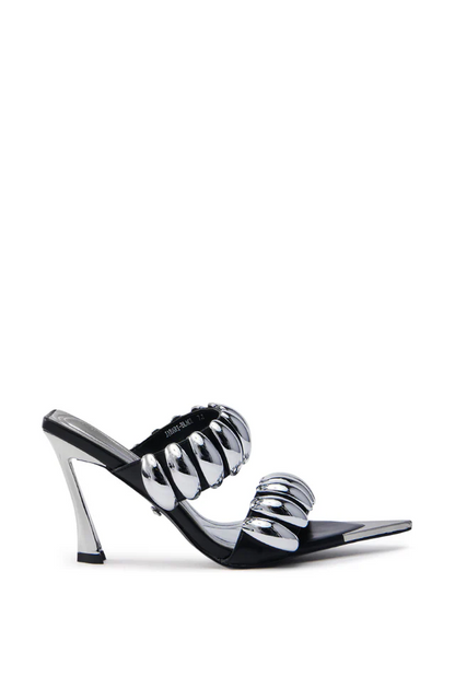 Black stiletto sandals with silver metallic details