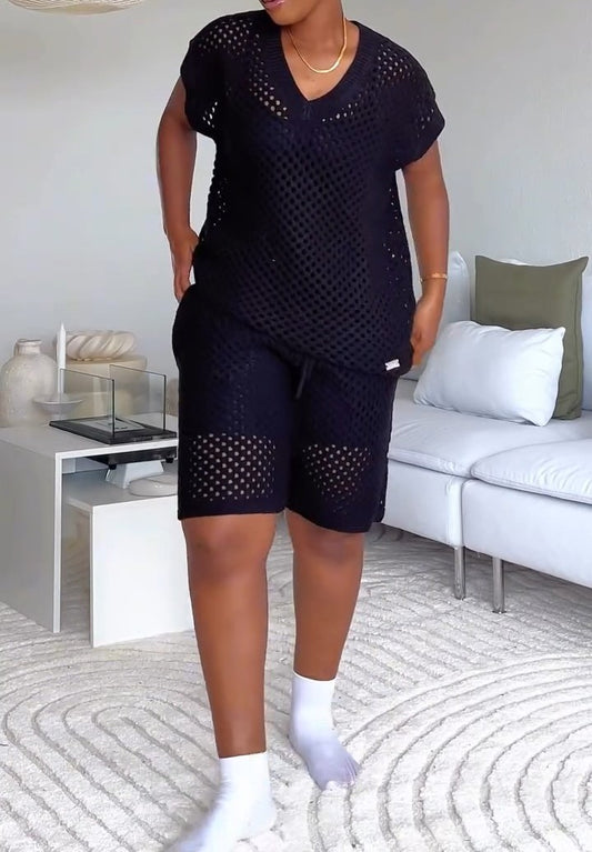 Skeleton Open Knit Vest and Shorts Set