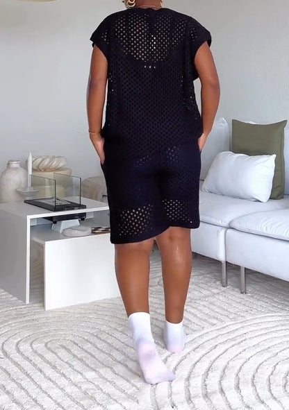 Skeleton Open Knit Vest and Shorts Set