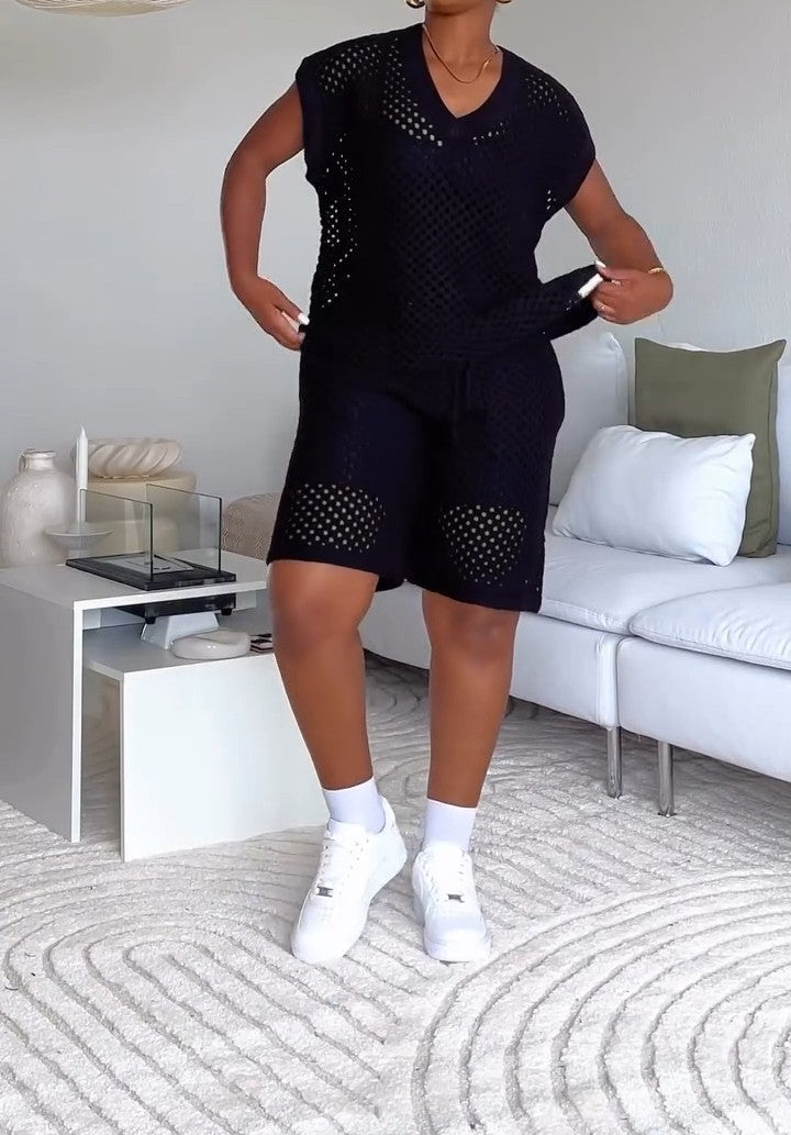 Skeleton Open Knit Vest and Shorts Set