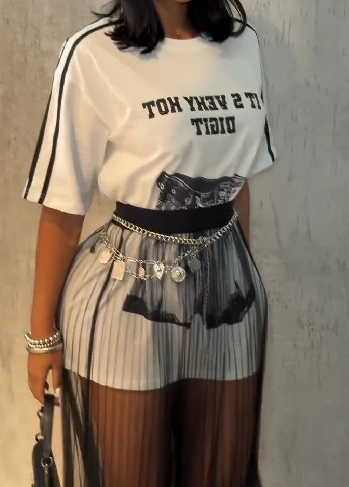 Loose Long T-Shirt + Tulle Mesh Skirt Set