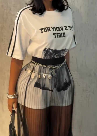 Loose Long T-Shirt + Tulle Mesh Skirt Set