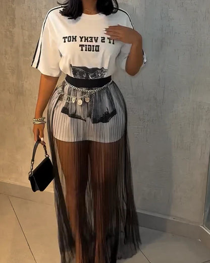 Loose Long T-Shirt + Tulle Mesh Skirt Set
