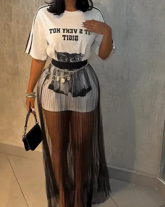 Loose Long T-Shirt + Tulle Mesh Skirt Set
