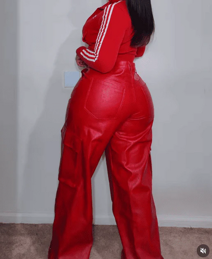 Vintage Faux Leather Jacket Long Pants Two Piece Set