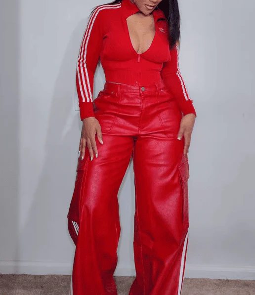 Vintage Faux Leather Jacket Long Pants Two Piece Set