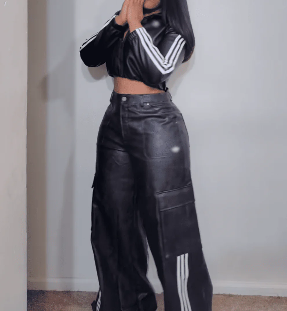Vintage Faux Leather Jacket Long Pants Two Piece Set