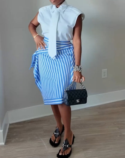 Sleeveless Tie Shirt + Irregular Striped Skirt