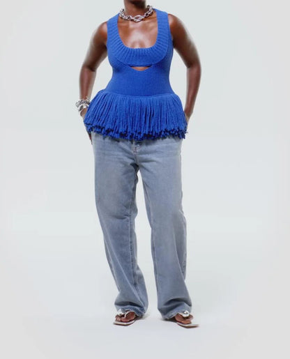 Knitted Fringed Hem Sleeveless Top