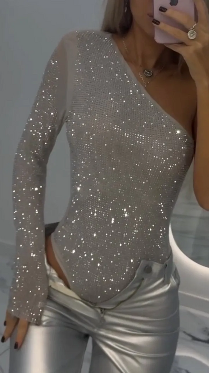 One-shoulder Tight-fitting Rhinestone Top