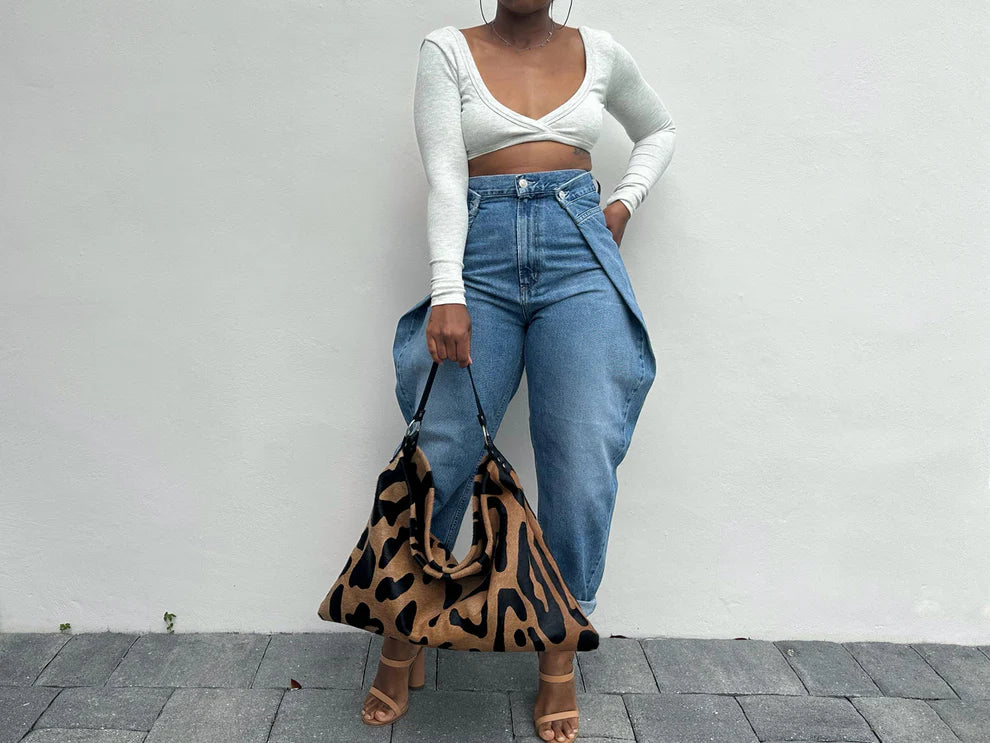 Irregular elastic denim fold-over pants