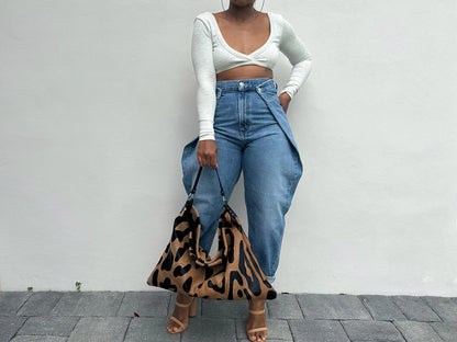 Irregular elastic denim fold-over pants