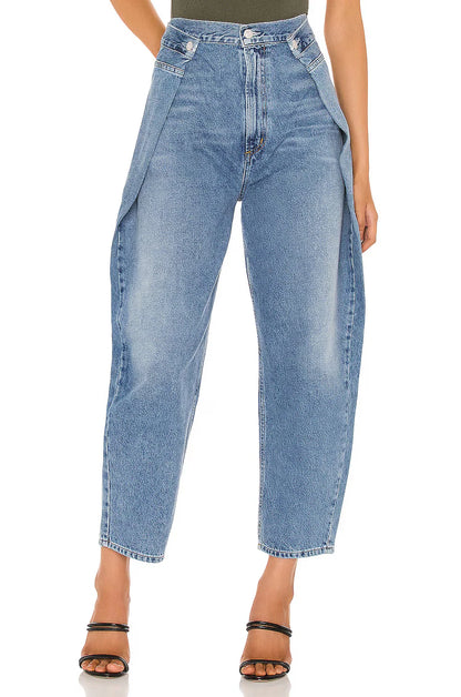 Irregular elastic denim fold-over pants