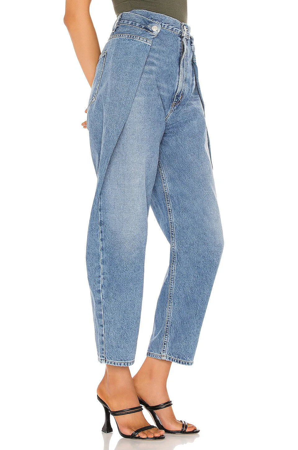 Irregular elastic denim fold-over pants