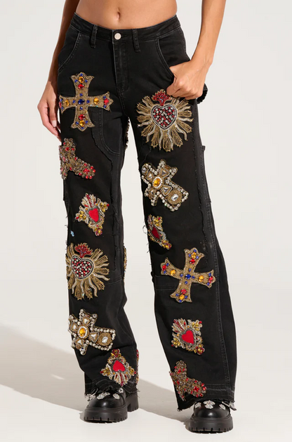 Wild and Free Print Embroidered Jeans