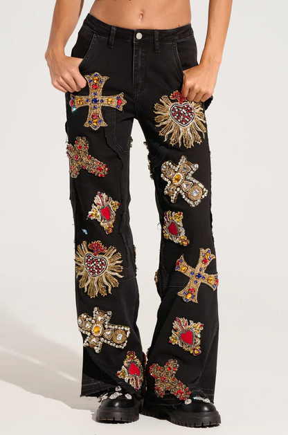 Wild and Free Print Embroidered Jeans