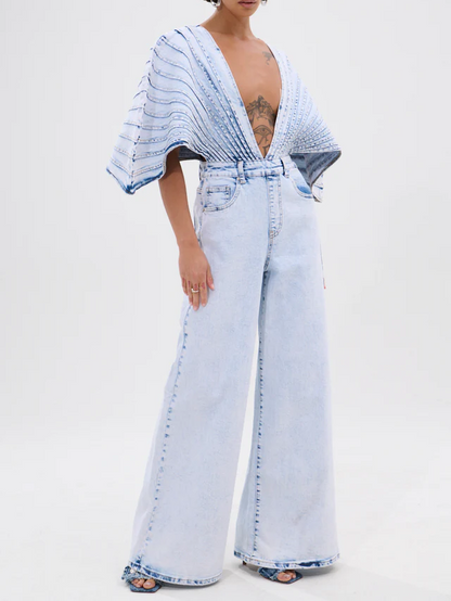 Irregular Layered Denim Shirt +Denim Jeans