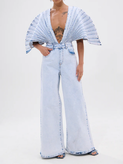 Irregular Layered Denim Shirt +Denim Jeans