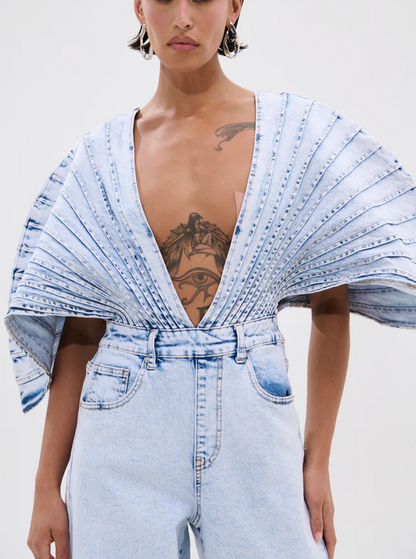 Irregular Layered Denim Shirt +Denim Jeans