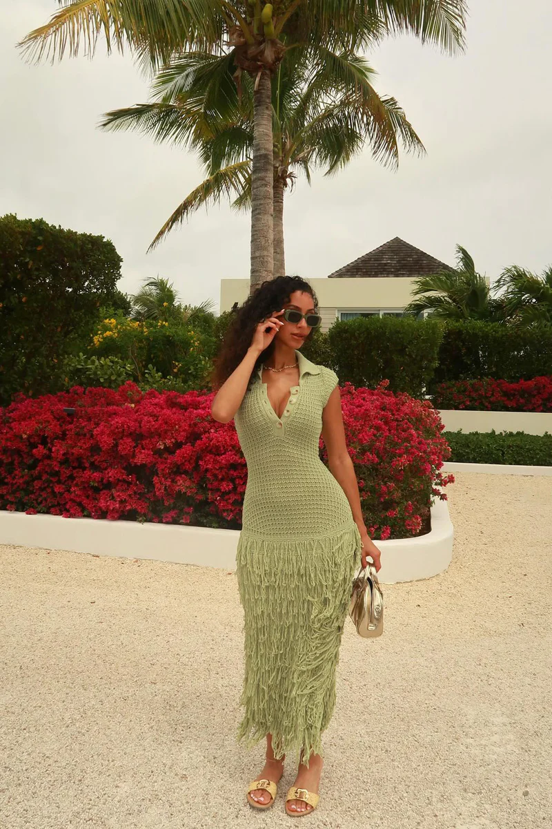 Green Crochet Knit Maxi Dress