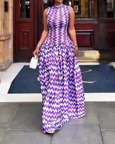 Mesh Dress In Purple ( White Zigzag Print )