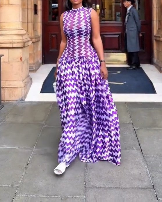 Mesh Dress In Purple ( White Zigzag Print )